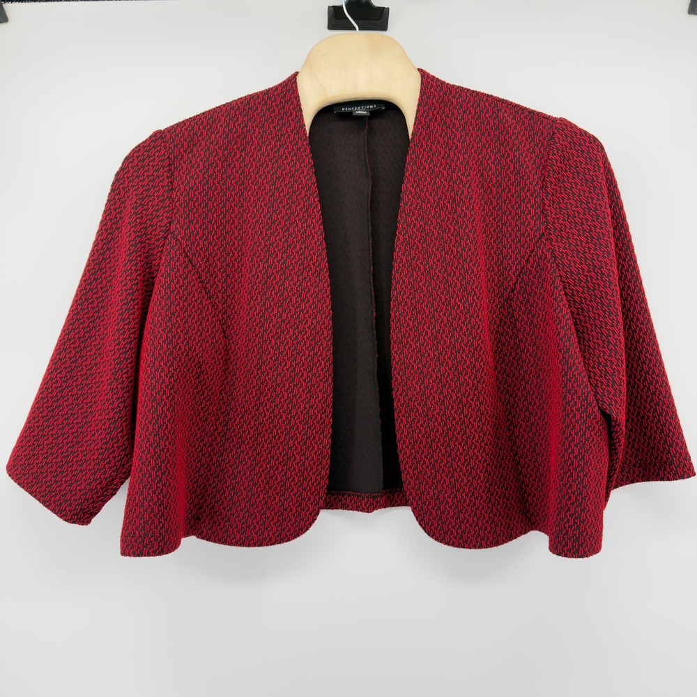 Perceptions Woman Red Black Textured Knit Open Front Bolero Crop Jacket 3X
